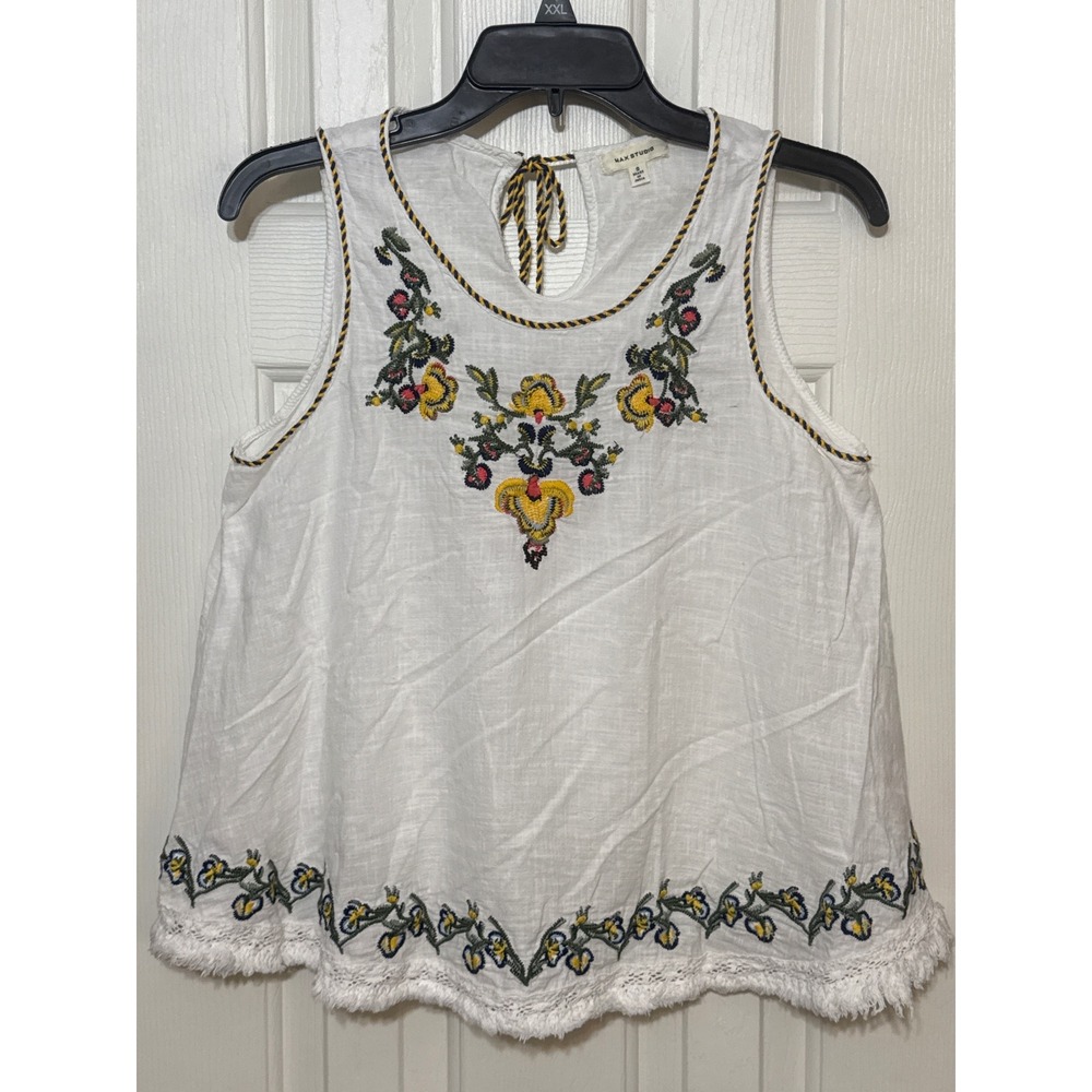 Max Studio Embroidered Tank‎ Top Sleeveless Fringe Hem Boho Festival Size S